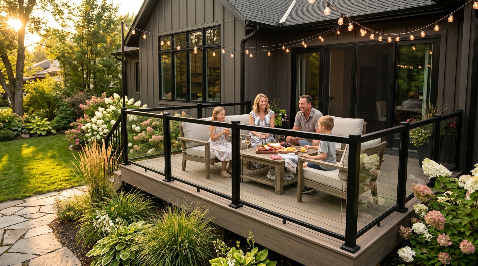 Modern composite deck at golden hour with family and string lights